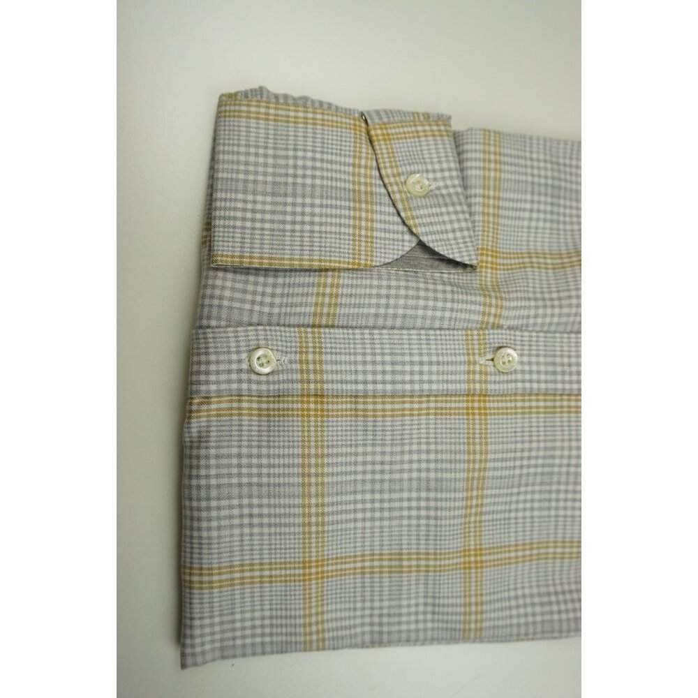 Isaia Gold Gray White Glen Plaid Long Sleeve Cotton Dress Shirt 15.5/39 NEW - Picture 2 of 5